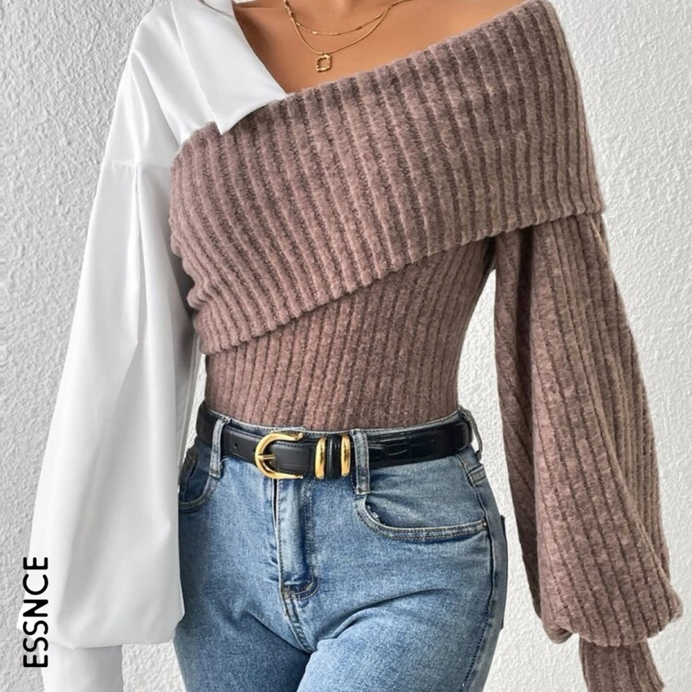 Color Block Asymmetrical Neck Lantern Sleve Top